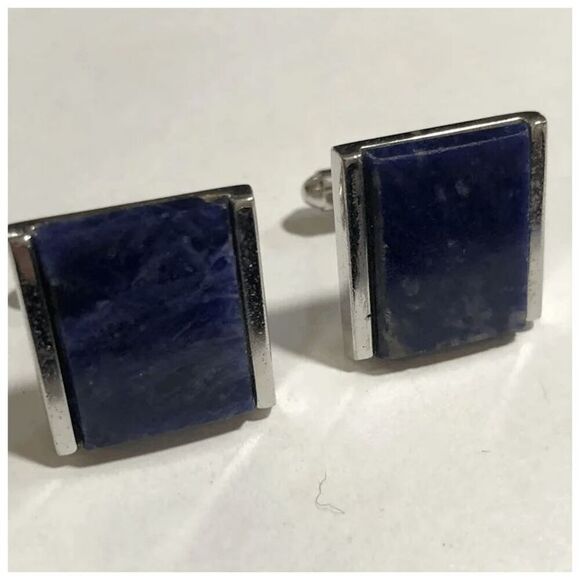 Vintage DANTE Modernist Silvertone & Blue Sodalite Stone Cufflinks - Picture 4 of 6